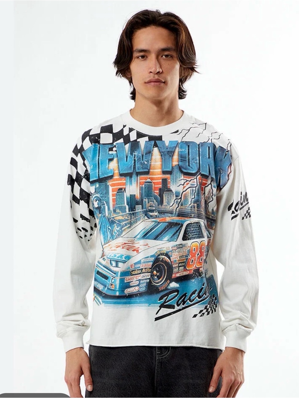 PacSun White Crewneck Sweater with Blue and Orange Racing Graphic